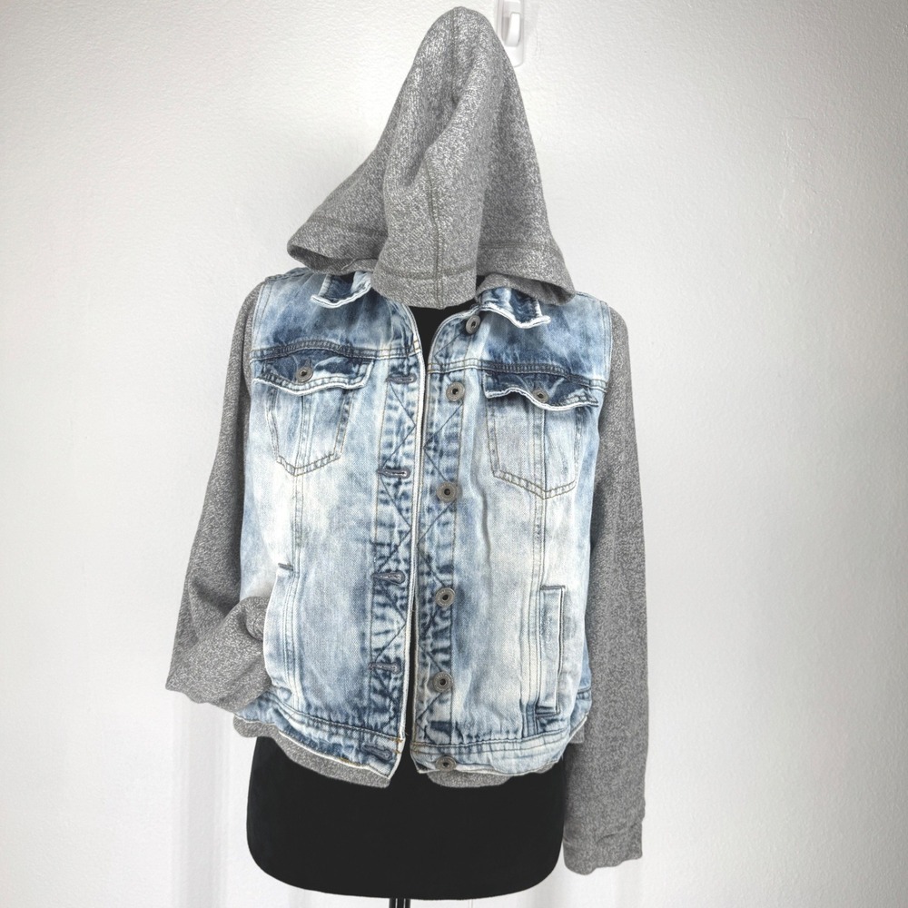 LEI Womens Acid Wash Trucker Jean Hoodie Jacket Large‎ Denim Grunge Punk Vintage